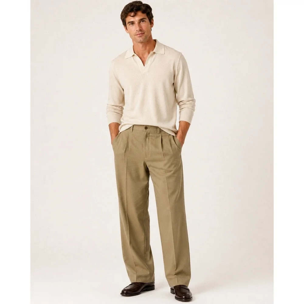 Tommy Bahama Mens 35x32 Silk Bamboo Pleated Trousers Khaki Tan Straight Leg